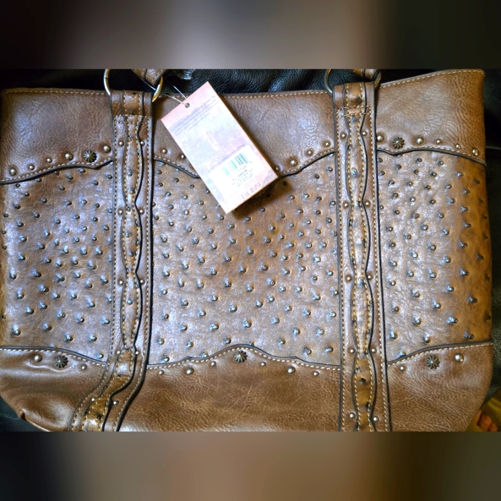 Justin Boots Brown Concealed Carry Ostrich Leather Shoulder Bag 15"×12"×5" NWT - Picture 2 of 11